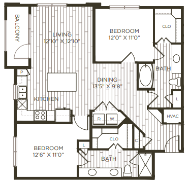 Floor plan for 2 beds, 2 baths, 1192 sqft